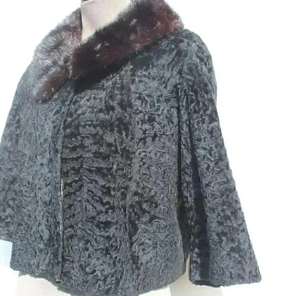 VTG RETRO 1970s Black Retro Swirl  Short Waisted Cocktail Fur Collar Coat Jacket - Picture 6 of 10